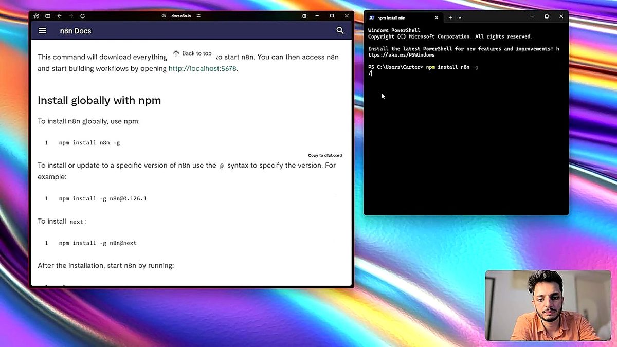 Screenshot: The n8n docs and a PowerShell terminal showing the global npm install command being run side-by-side.