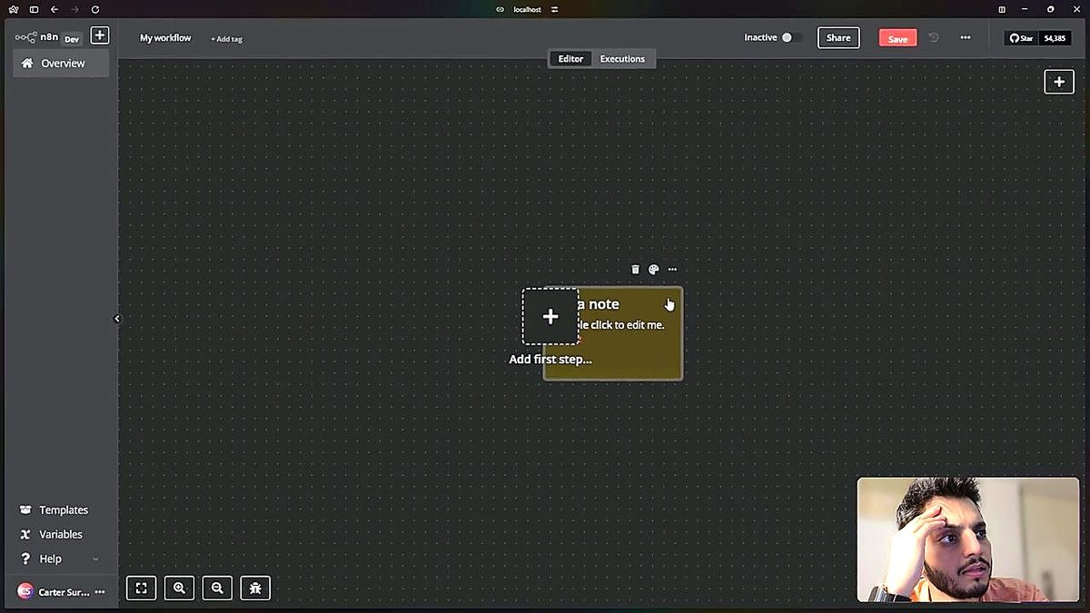 Screenshot: The empty n8n workflow canvas with the top bar (Save, Inactive toggle, tabs) and a sticky note tooltip visible.