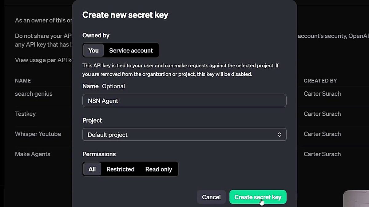 Screenshot: OpenAI's "Create new secret key" dialog — name it N8N Agent and assign it to the default project.