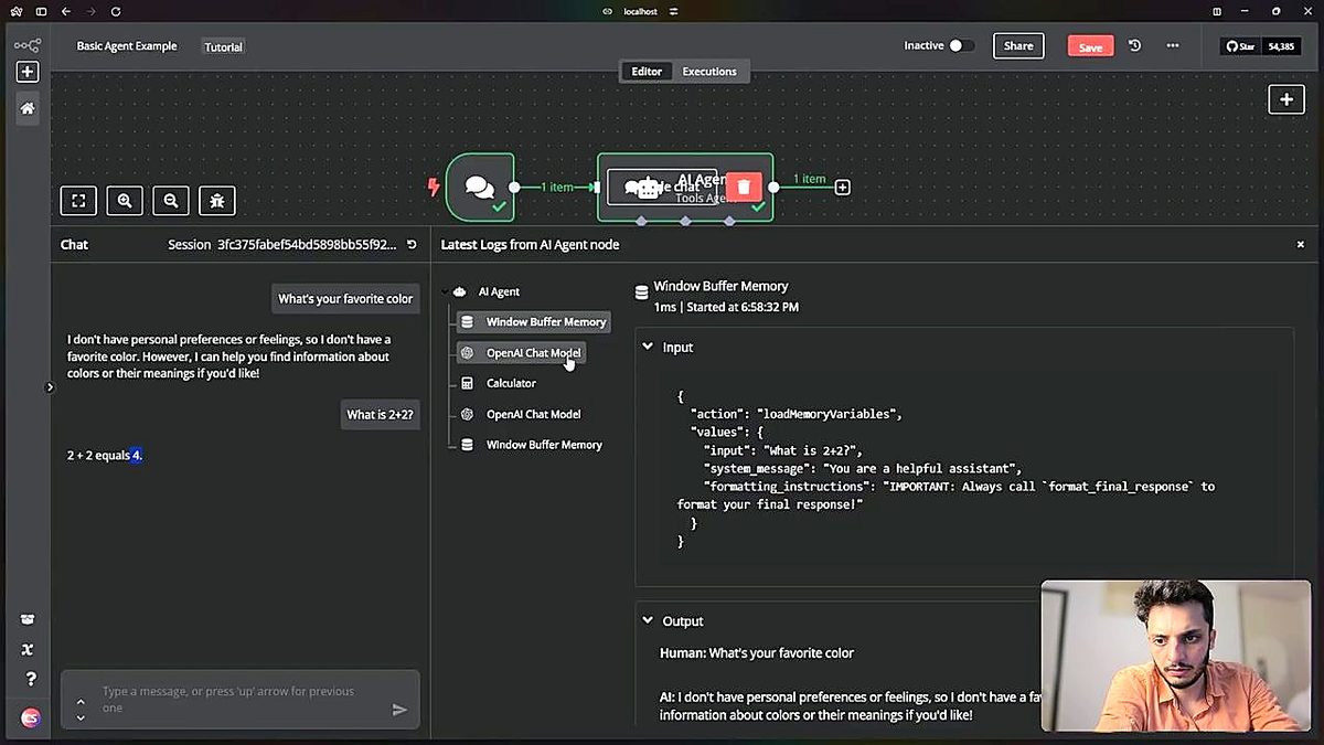 Screenshot: The agent calling the Calculator tool — note the green checks on every node and the chat showing the math answer.