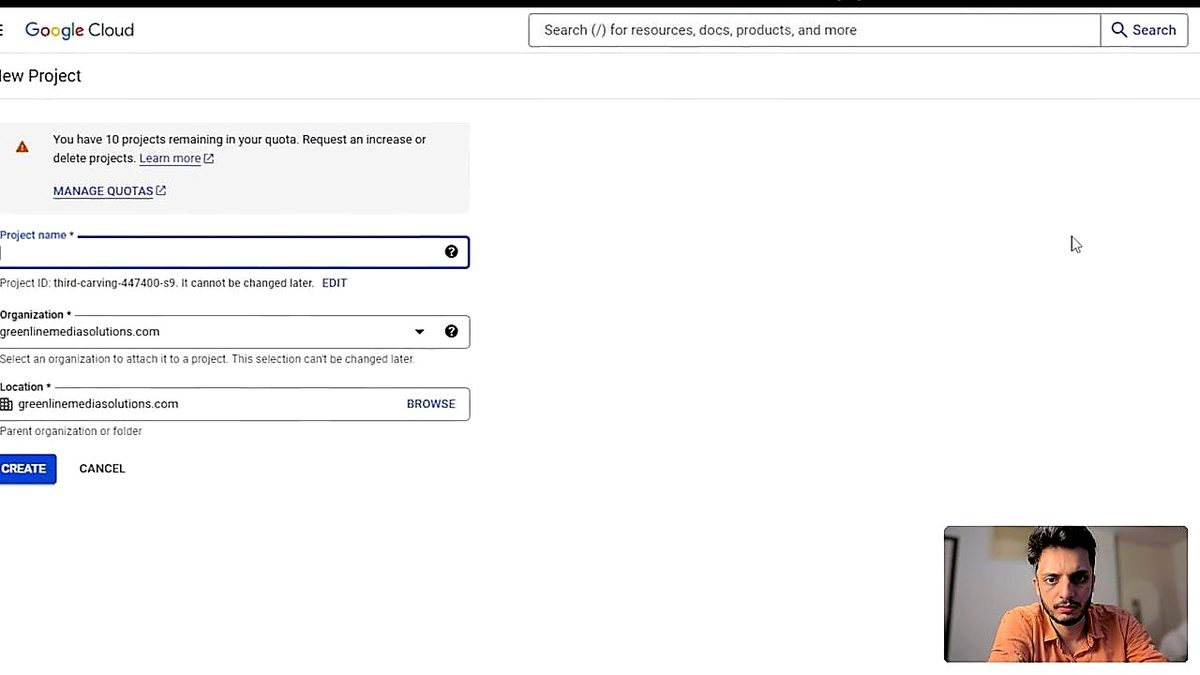 Screenshot: Creating a new project in Google Cloud Console — the first step of the OAuth setup.