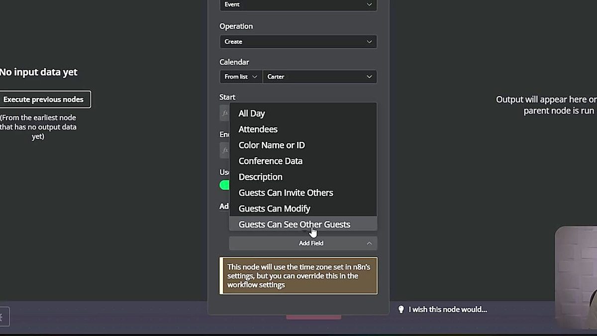 Screenshot: The Add Field dropdown showing available optional fields like Summary, Description, Attendees, Color, etc.