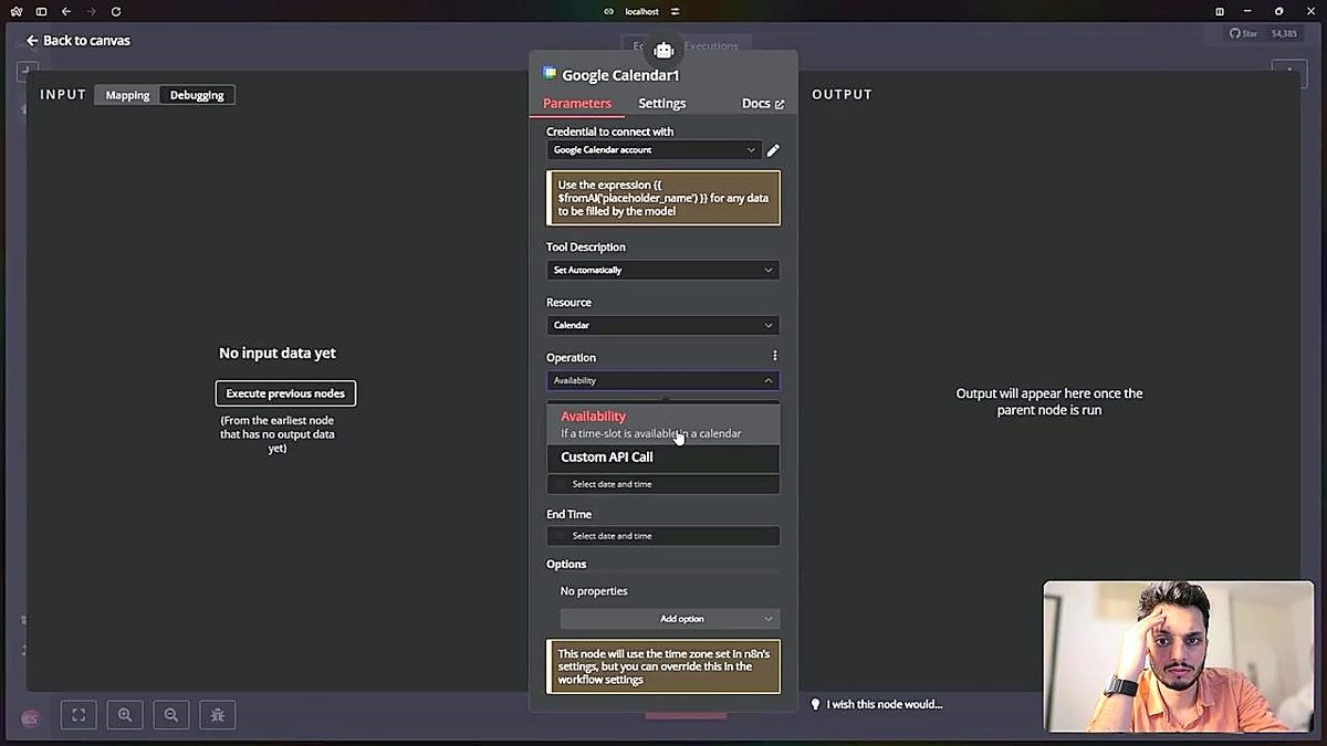 Screenshot: The Search Availability tool — Resource = Calendar, Operation = Availability, with a manual tool description.