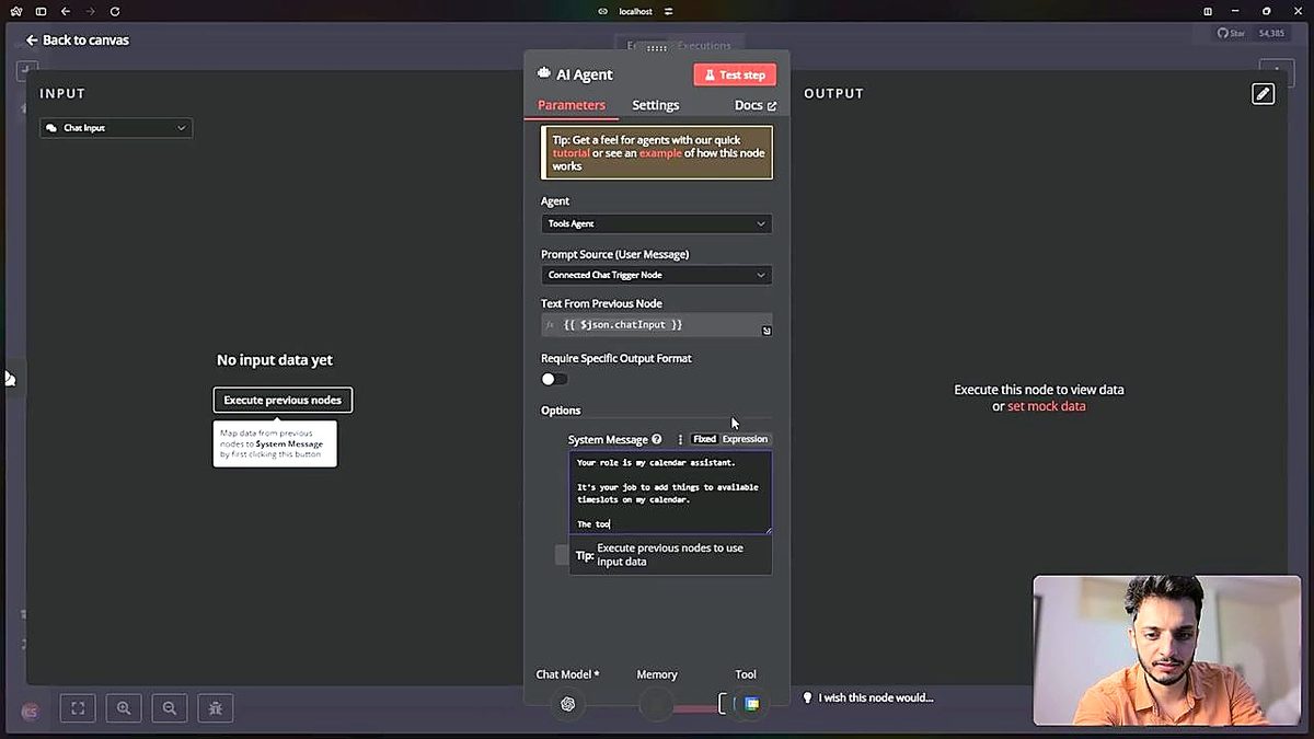 Screenshot: The System Message option opened on the AI Agent node, showing the calendar-assistant role prompt.