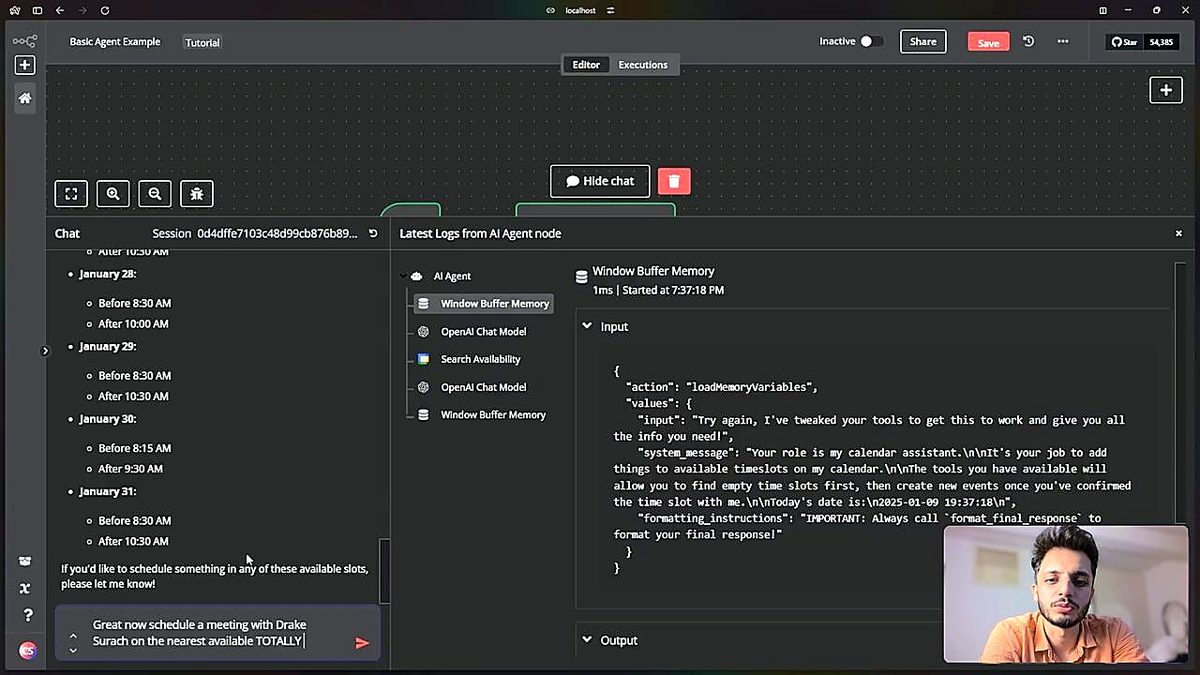 The agent returning available calendar slots and scheduling a meeting in the n8n workshop demo