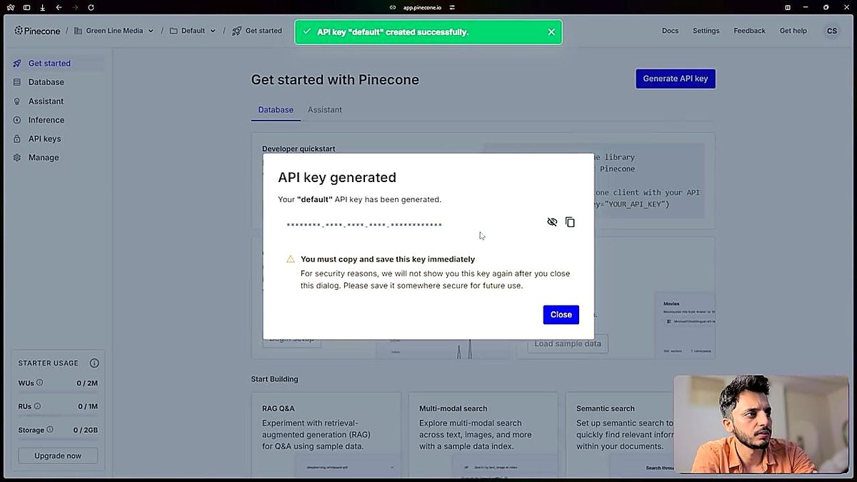 Screenshot: Pinecone showing the freshly-generated API key. Copy this immediately — Pinecone won't show it again.