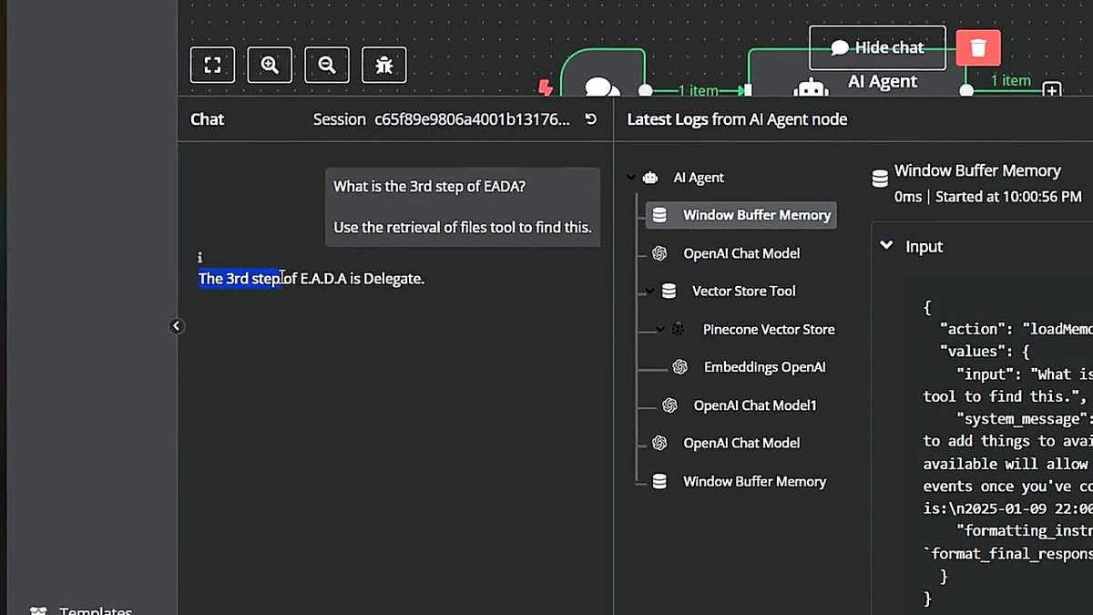 The agent answering a question from uploaded documents using RAG retrieval in the n8n workshop demo