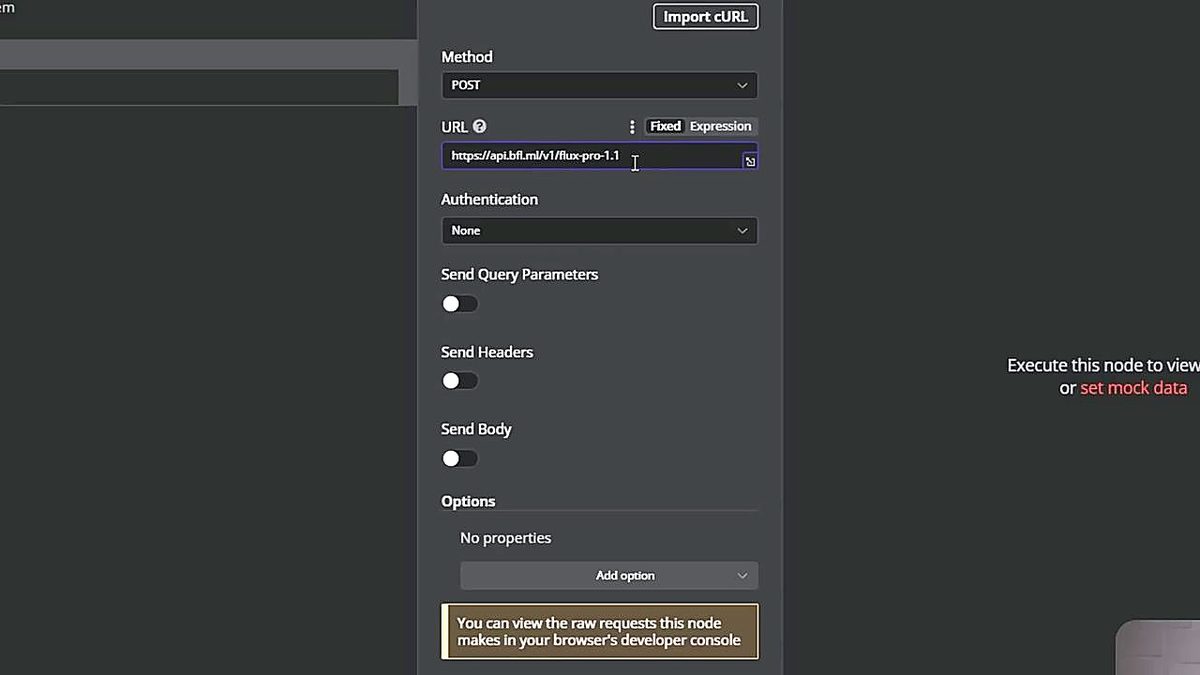Screenshot: The HTTP Request POST node configured for Flux — method POST, content-type and x-key headers, JSON body with prompt field.