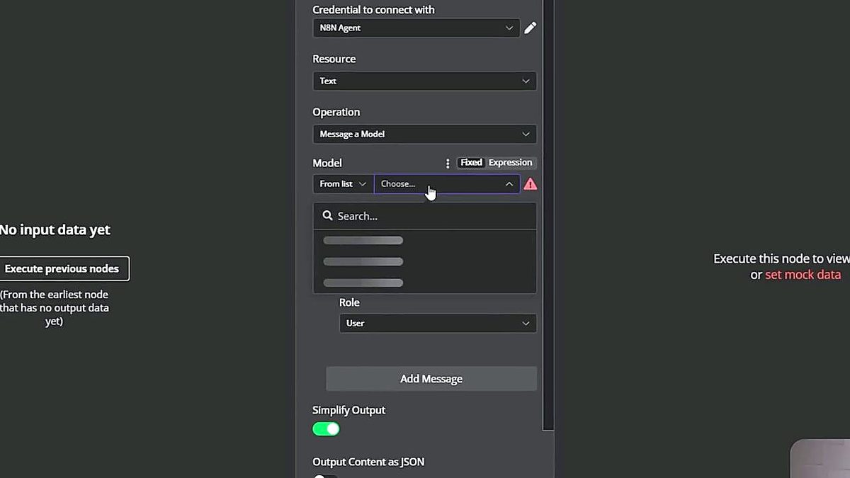 Screenshot: The OpenAI Message a model node configured with a system prompt, example input/output, and JSON output mode.
