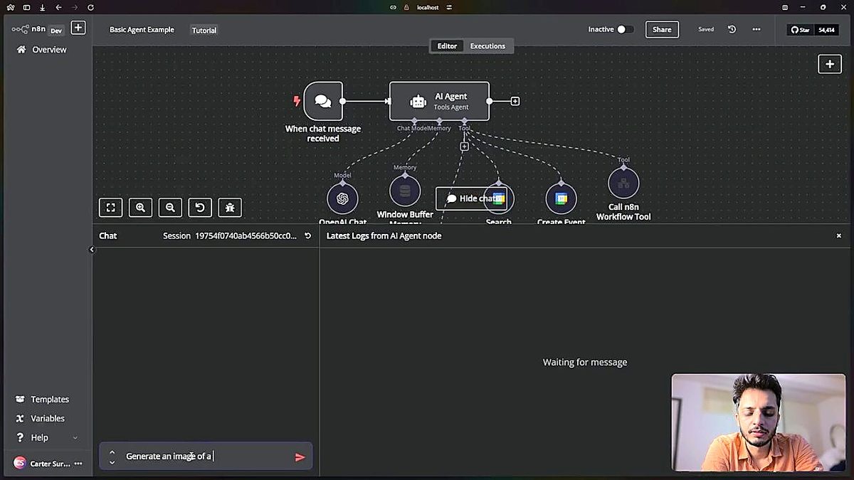 The completed agent built in the bootcamp's n8n workshop, with chat model, memory and three tools