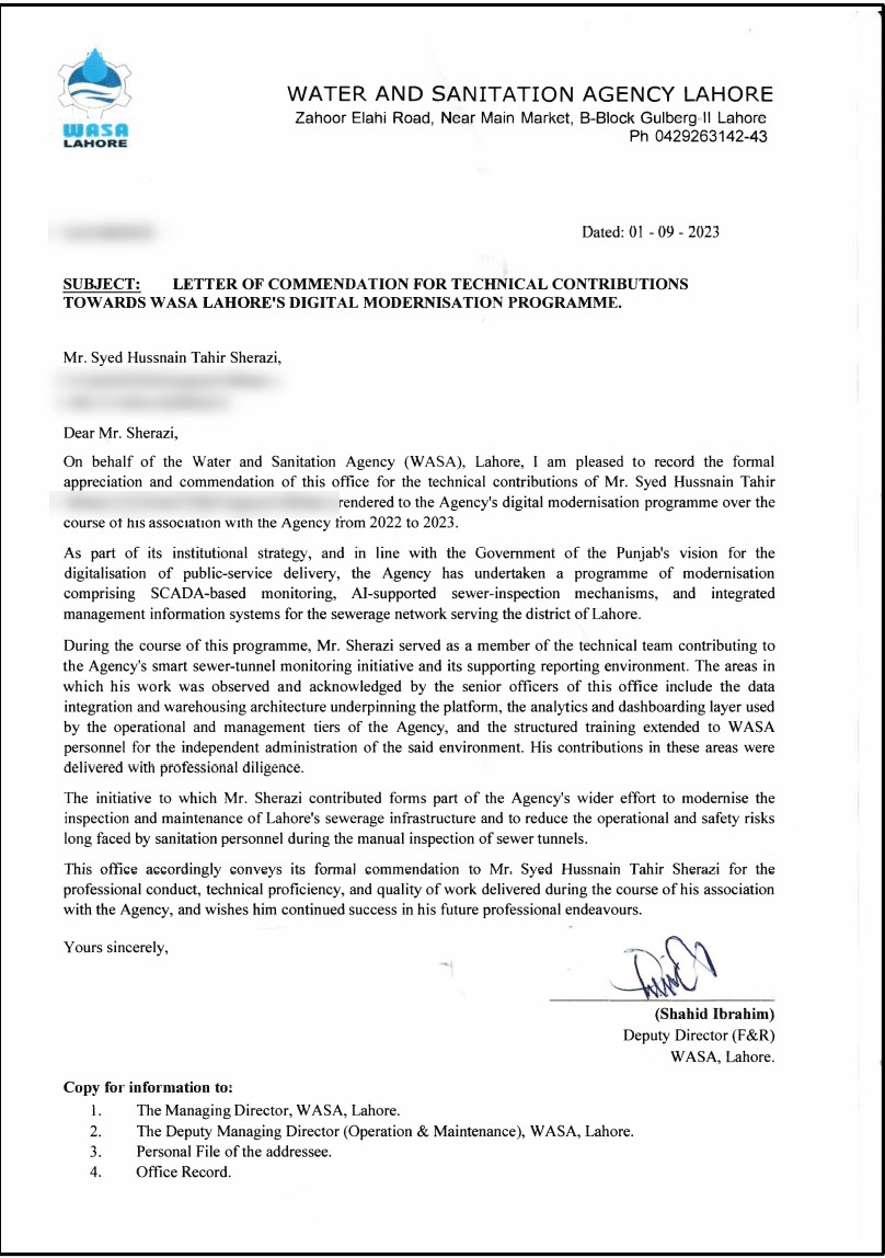 Letter of commendation from WASA Lahore recognising Syed Hussnain Tahir Sherazi for technical contributions to the agency's digital modernisation programme, signed by the Deputy Director (F and R).