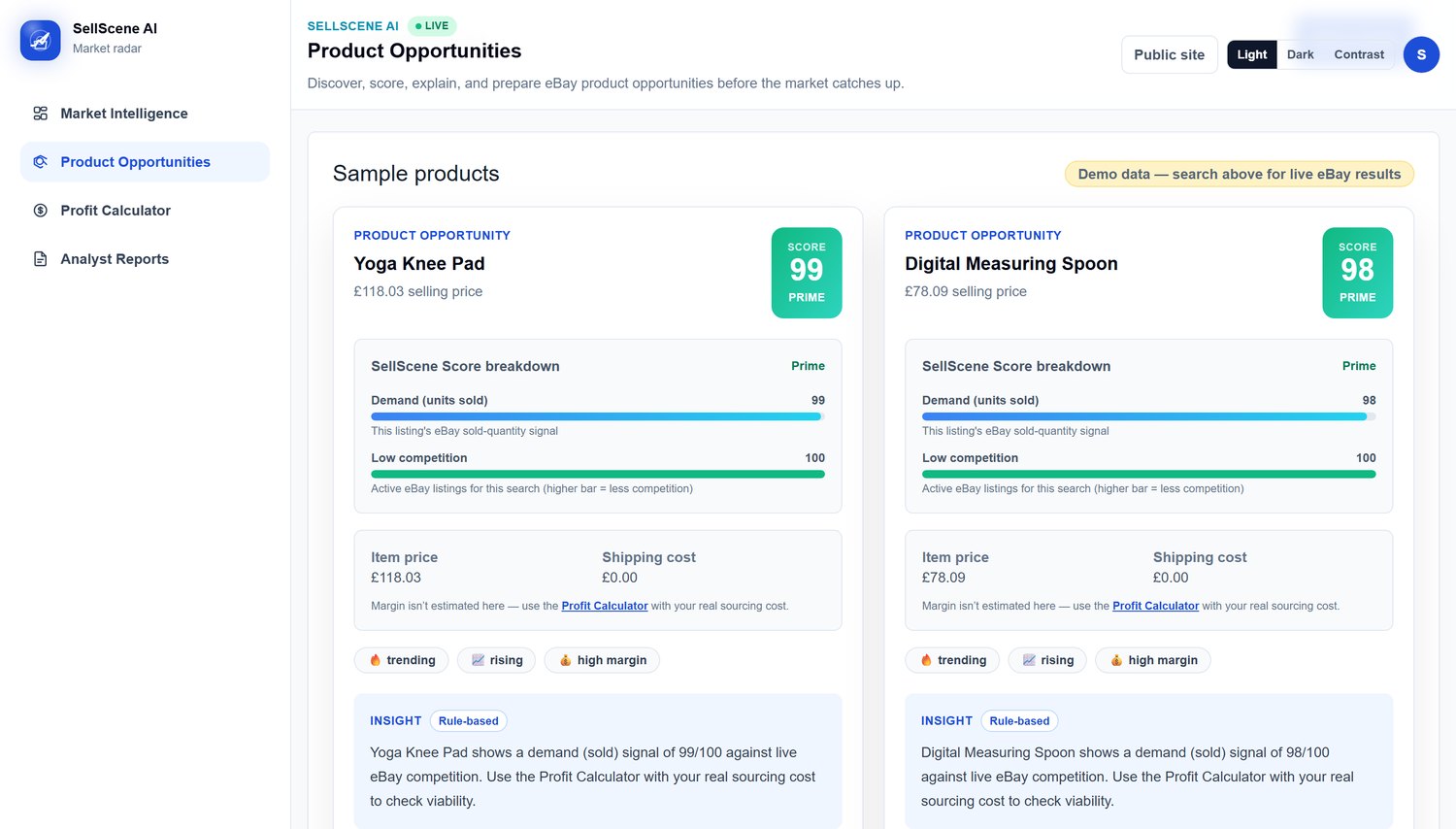 SellScene AI Product Opportunities — eBay listings scored with a SellScene Score breakdown (demand, low competition) and a plain-English AI insight per product.