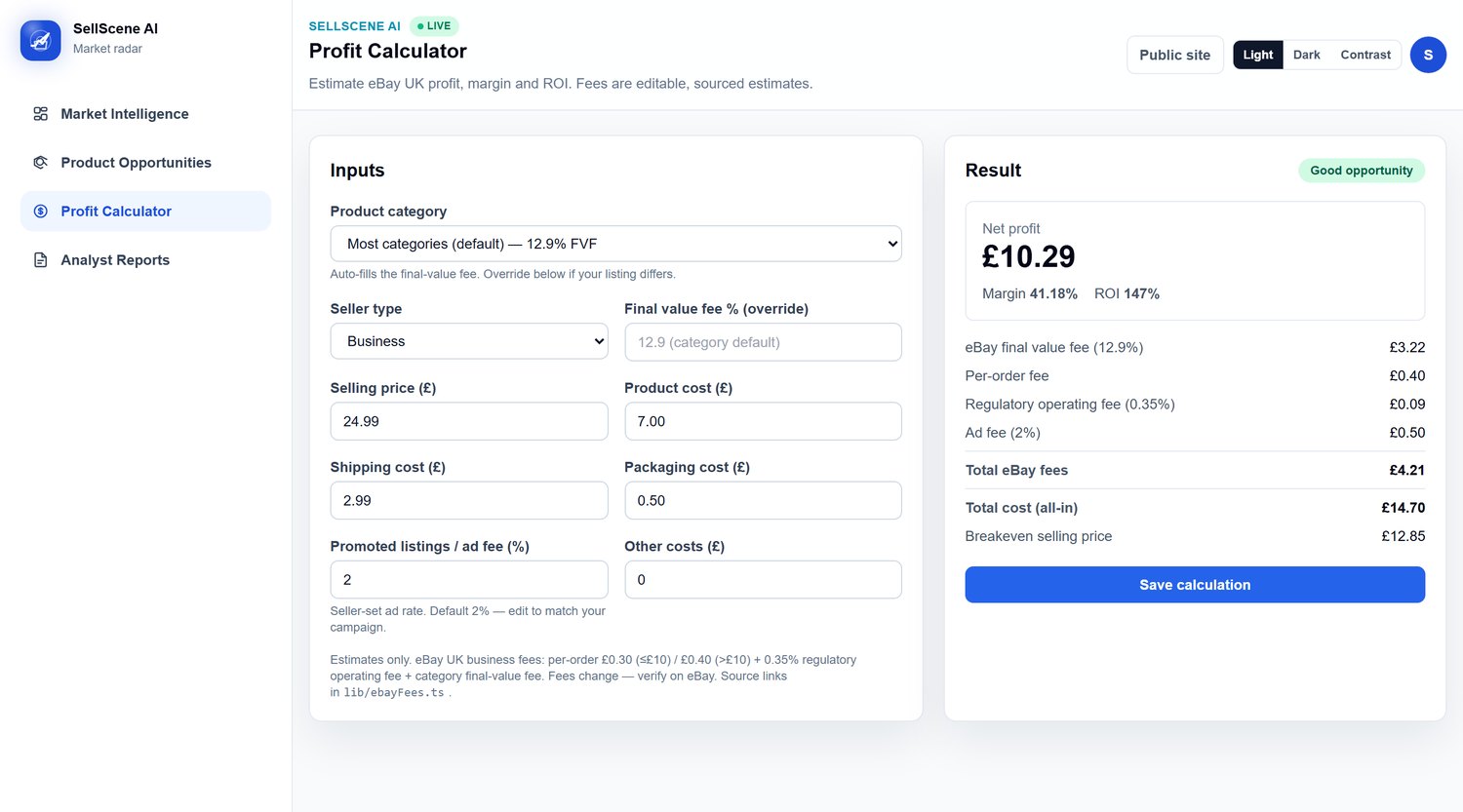 SellScene AI Profit Calculator — fee-aware net profit, margin and ROI with a full eBay UK fee breakdown.
