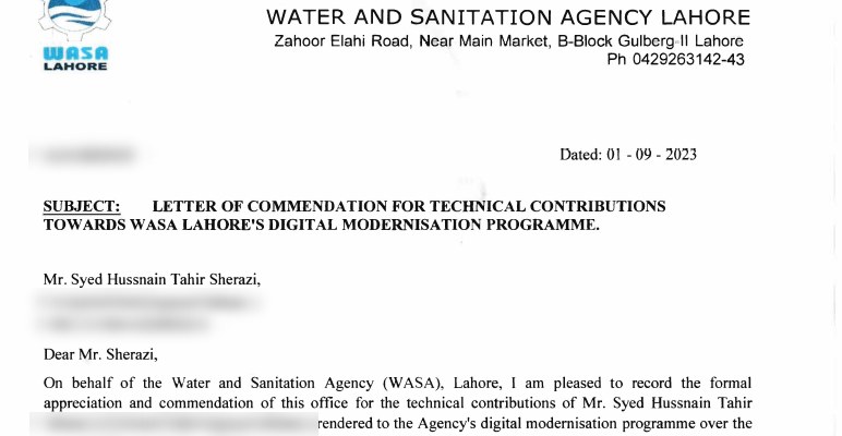 WASA commendation letter for Syed Hussnain Tahir Sherazi — subject and opening