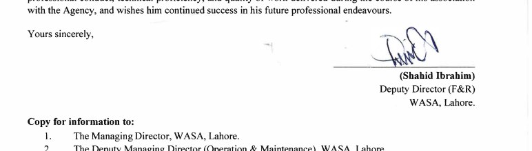 WASA commendation letter signed by the Deputy Director (F&R), WASA Lahore