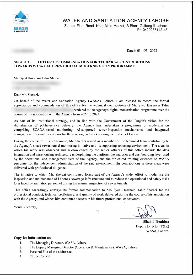 WASA Lahore letter of commendation recognising Syed Hussnain Tahir Sherazi for technical contributions to its digital modernisation programme